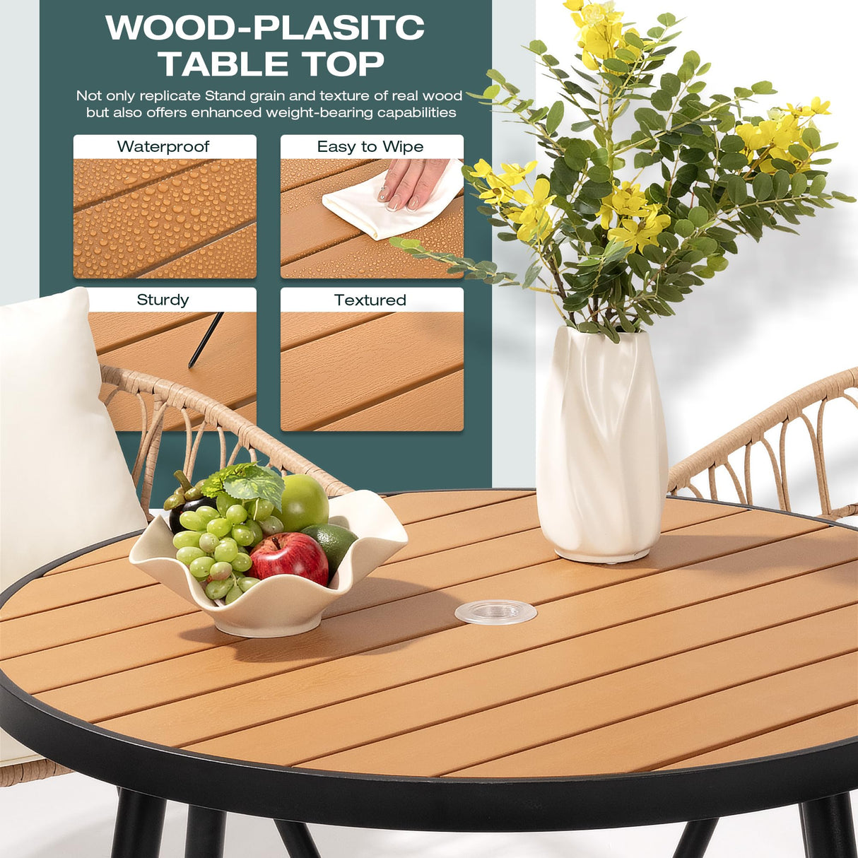 Pamapic 5-Piece Outdoor Dining Set, All-Weather PE Rattan Outdoor Furniture Set with Wood Table Top, Patio Dining Set with Cushion Chairs & Round Table for Garden, Lawn, Patio (Yellow & White) Pamapic