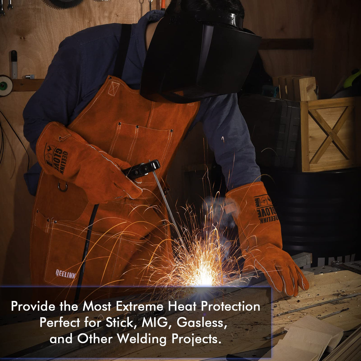 QeeLink Welding Gloves - Heat/Fire Resistant Lined Leather and Fireproof Stitching-Fireplace/BBQ/Gardening for Men or Women (14-inch, Brown) QeeLink