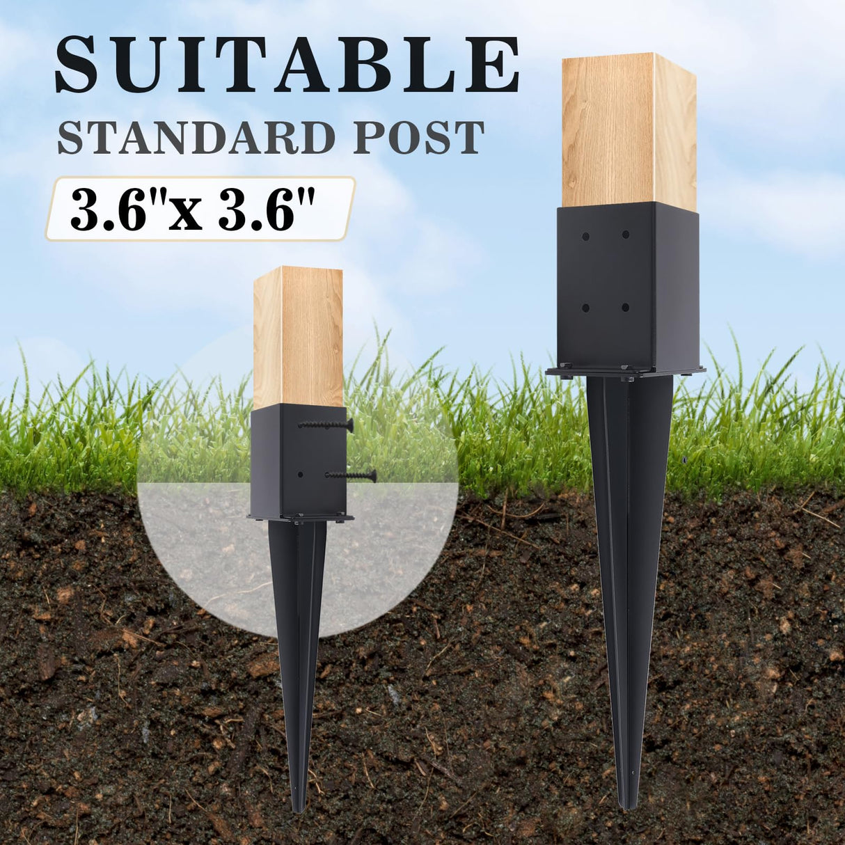 3 Pcs 4 "x 4 "Fence Post Anchors Ground Spike (Actual 3.6 ” X 3.6”)，Heavy Duty Metal Fence Stakes Post Base 22'' with Black Powder Coated Support for Mailboxes, Fences, Trellis Posts, Banners. Nrspp