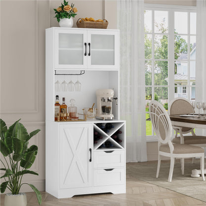 BOTLOG 71" Kitchen Hutch, Pantry Cabinet with Microwave Stand, Freestanding Buffet with Hutch, Adjustable Shelf, 3 Glass Doors, 2 Drawers, for Home, Dining Room, White - WoodArtSupply