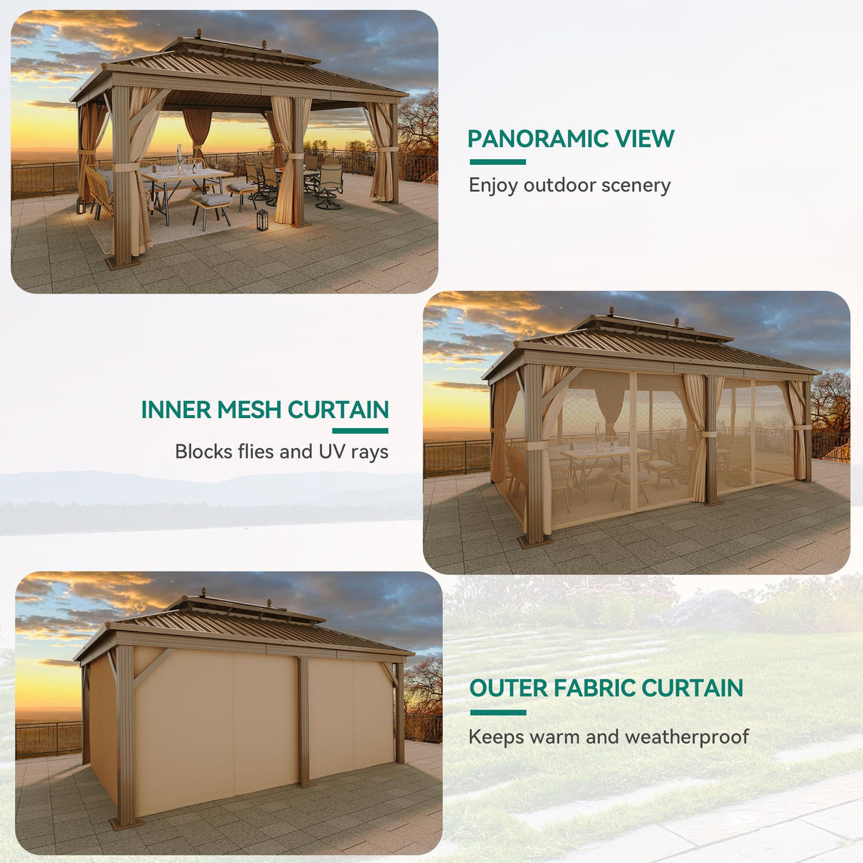 YITAHOME Gazebo 12x14ft Hardtop Heavy Duty Double Roof Outdoor Upgraded Galvanized w/Nettings Curtains Steel Combined of Horizontal Vertical Stripes Roof for Patio, Backyard, Deck, Lawn (Bronze) YITAHOME