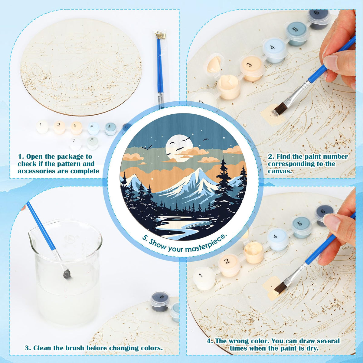 Faccito 4 Pack Wooden Landscape Paint by Numbers Kit for Adults Beginners 8 Inch Unfinished Round Wood Board Acrylic Paint Nylon Brush Hook Distant Mountains Sunset Lake DIY Crafts for Home Wall Decor Faccito