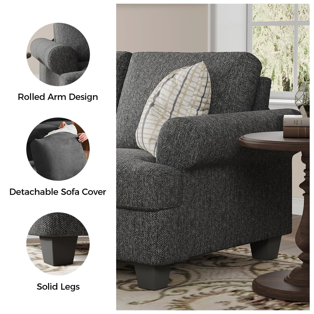 COPIAE 91 Inch Lawson Sofa with Extra Deep Seats Oversize, Mid-Century 3-Seat Sofa Couch, for Living Room, Apartment, Lounge, Dark Gray COPIAE