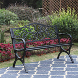 Sophia & William 50" Outdoor Garden Bench Patio Park Bench, Cast Iron Metal Frame Furniture with Floral Design Backrest for Porch Yard Lawn Deck, Black Sophia & William