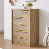Tall Dresser for Bedroom with 5 Rattan Drawers, Modern Storage Cane Cabinet, Boho Wooden Closet Dressers Chest of Drawers for Living Room Hallway Nursery Entryway, 17.7"D x 29.5"W x 46.7"H OAKHAM HOME
