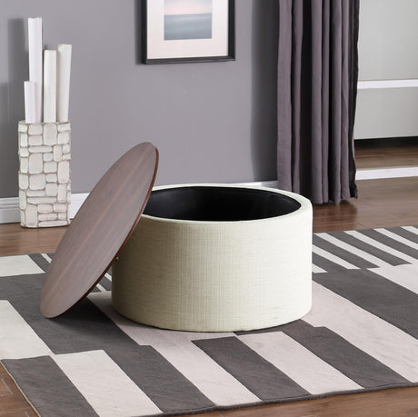 HomePop Modern Fabric Storage Ottoman with Wood Top - Stain-Resistant Cream Woven HomePop