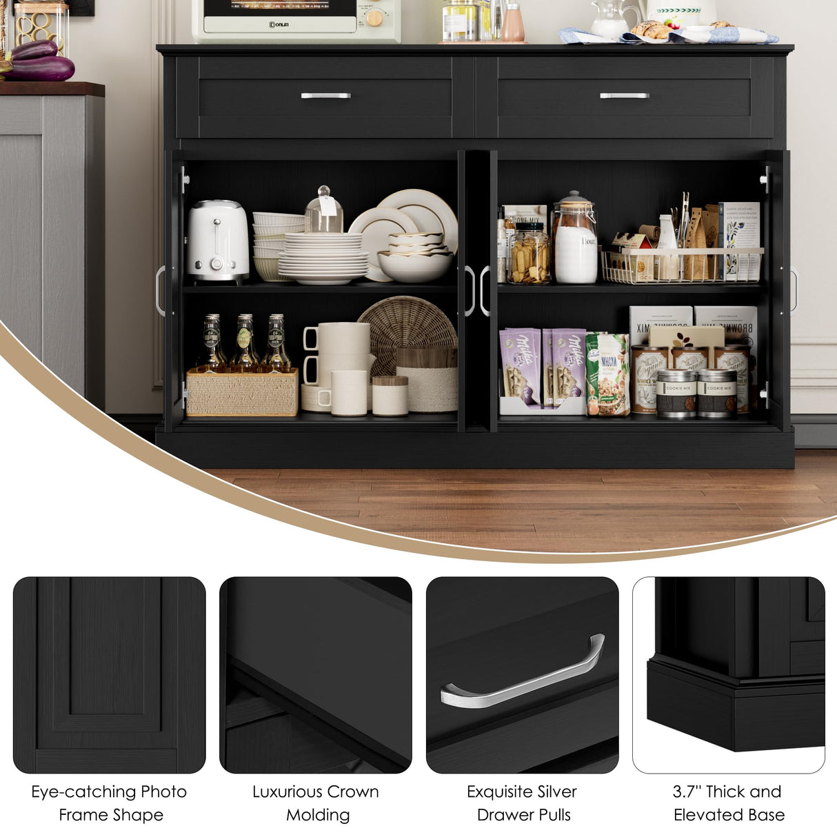 FACBOTALL Sideboard Buffet Cabinet with Storage, 55.1" Large Kitchen Storage Cabinet with 2 Drawers and 4 Doors, Farmhouse Coffee Bar for Kitchen Dining Room, Black FACBOTALL