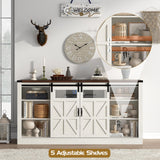 Hlivelood 66" Farmhouse TV Stand with Power Outlets for 75 65 Inch TVs, Entertainment Center with Sliding Barn Door & Large Storage Cabinets w/Adjustable Shelf, 33" Tall TV Media Console, Rustic White Hlivelood