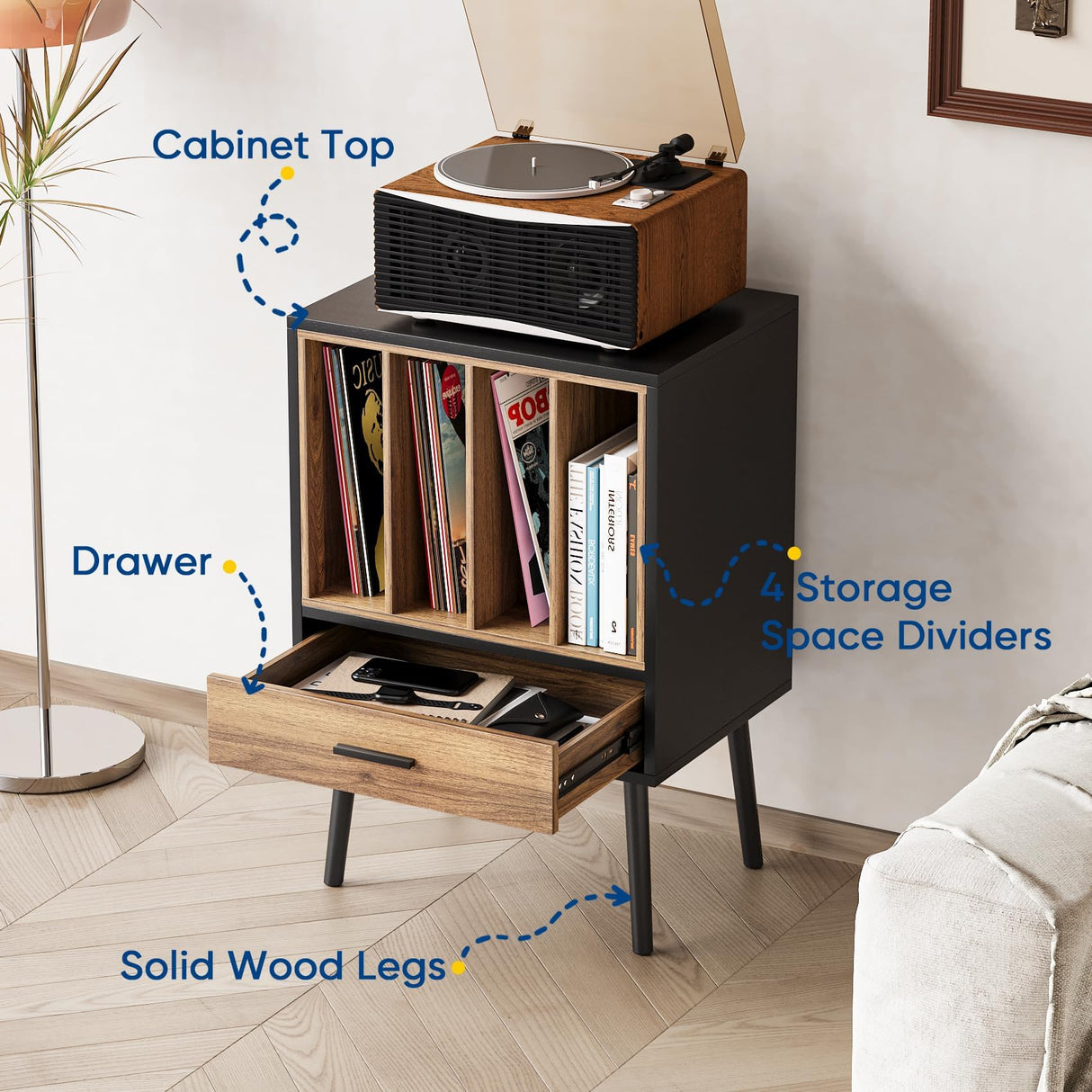 Semiocthome Record Player Stand with Nesting Vinyl Storage Crate, Record Player Table with a Drawer and Solid Wood Legs, Side End Table for Turntables for Living Room Bedroom Semiocthome