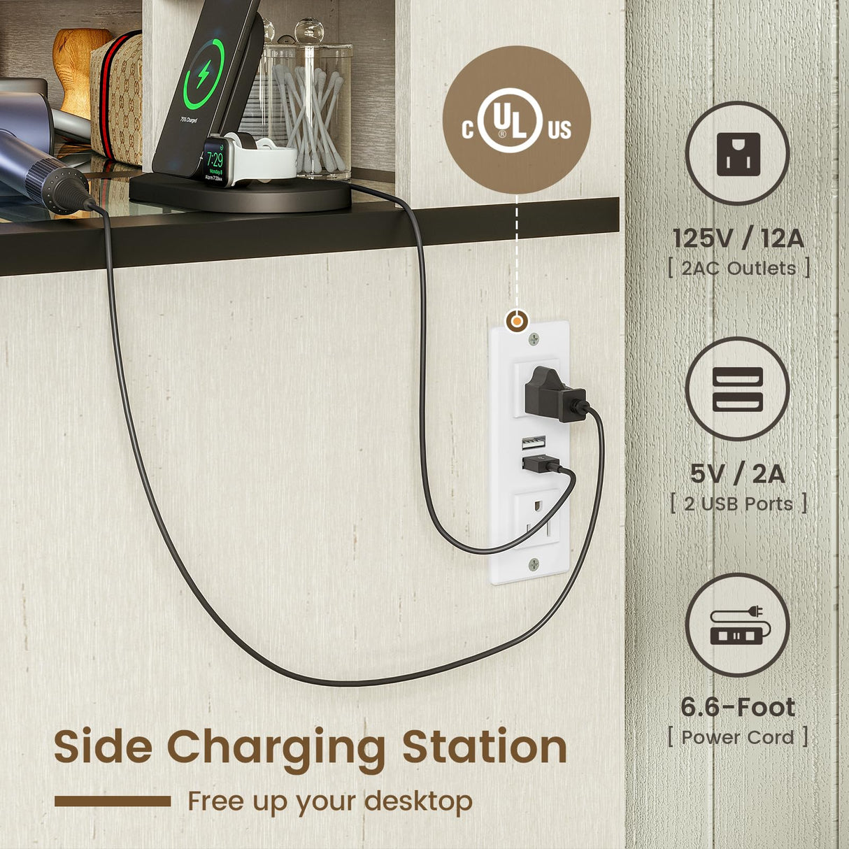 HAUOMS Farmhouse Makeup Vanity Desk with Sliding Lighted Mirror, Glass Top Vanity Desk with Power Outlet, Rustic Vanity Set, Antique White HAUOMS