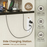 HAUOMS Farmhouse Makeup Vanity Desk with Sliding Lighted Mirror, Glass Top Vanity Desk with Power Outlet, Rustic Vanity Set, Antique White HAUOMS