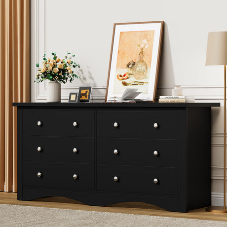 Flamaker Dresser for Bedroom, 6 Drawer Dresser, Wood Dressers, Wide Chest of Drawer, Storage Drawers, Storage Organizer for Closet, Hallway (Black) Flamaker