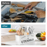 Suli Extra Large Kitchen Utensils Holder with 4 Compartments, Wooden Utensil Organizer for Kitchen Countertop, Farmhouse Kitchen Decor, Rustic Cooking Utensil - White Suli