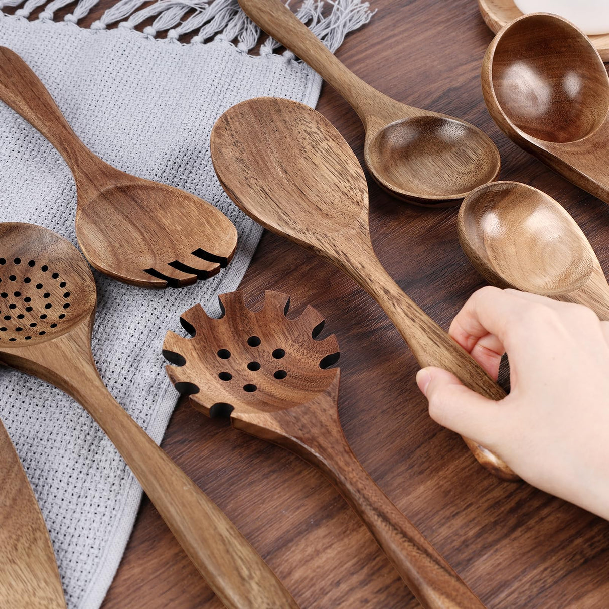 HAKSEN 10PCS Wooden Cooking Utensils, Natural Acacia Wood Kitchen Utensils Wooden Spatulas for Serving Stirring Cooking Mixing HAKSEN
