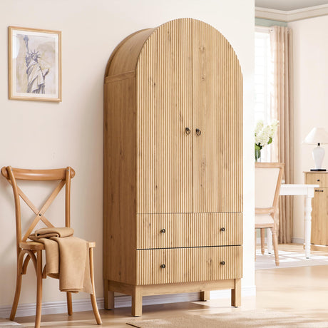 IFGET 71" Tall Arched Pantry Cabinet, Fluted Kitchen Storage Cabinet with Adjustable Shelves and 2 Large Drawers, Freestanding Morden Versatile Cupboard for Living Room, Bathroom, Natrual IFGET