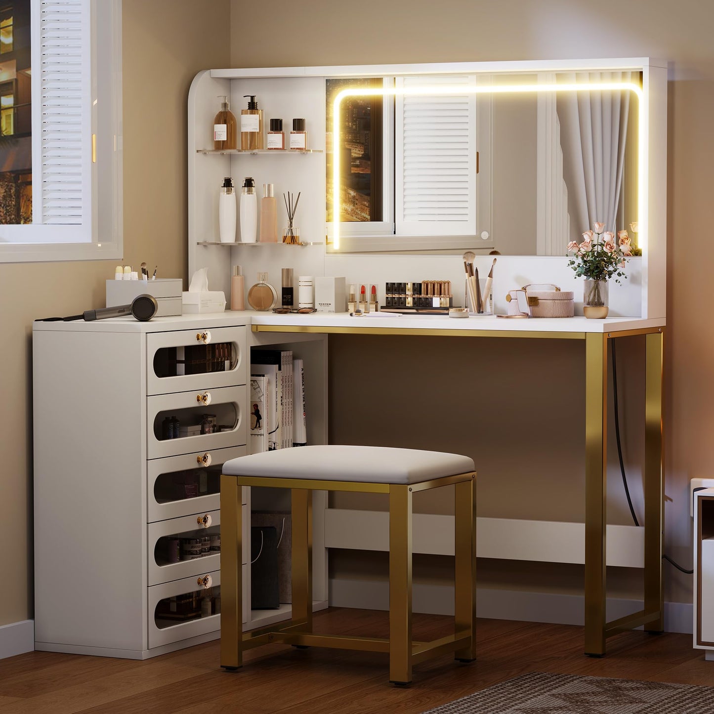 YITAHOME Vanity Desk Set- L Makeup Vanity with Mirror and Lights 3 Lighting Modes, 48" Large Dressing Table with 5 Tempered Glass Drawers with Open Storage Shelves Vanity Table, White