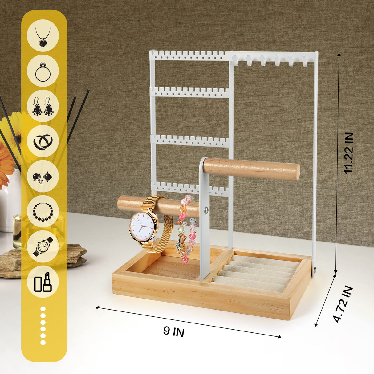 Godboat Jewelry Organizer, 4-Tier Earring Holder Organizer with 48 Holes, 6 Hooks Necklace Rack, Bracelet and Ring Stand with Wood Box, Gifts for Mothers Mom Women, Preppy Stuff & Room Decor, (White) Godboat