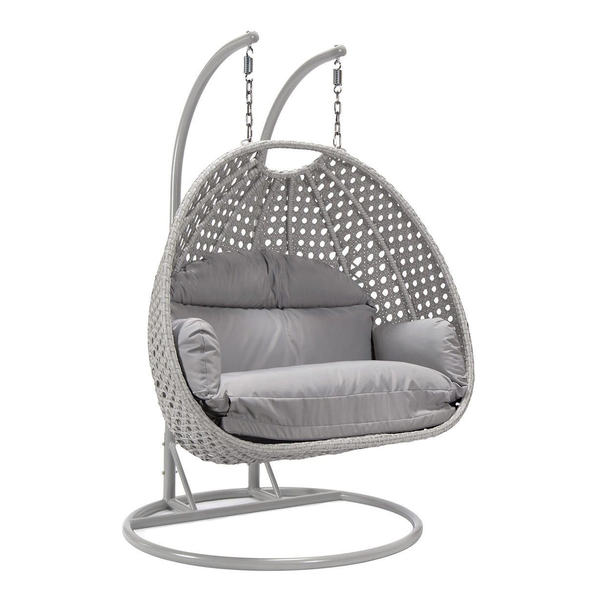 LeisureMod Light Gray Wicker 2-Person Patio Hanging Double Egg Swing Chair with Stand & Cushions for Indoor Outdoor Patio Garden Light Grey LeisureMod