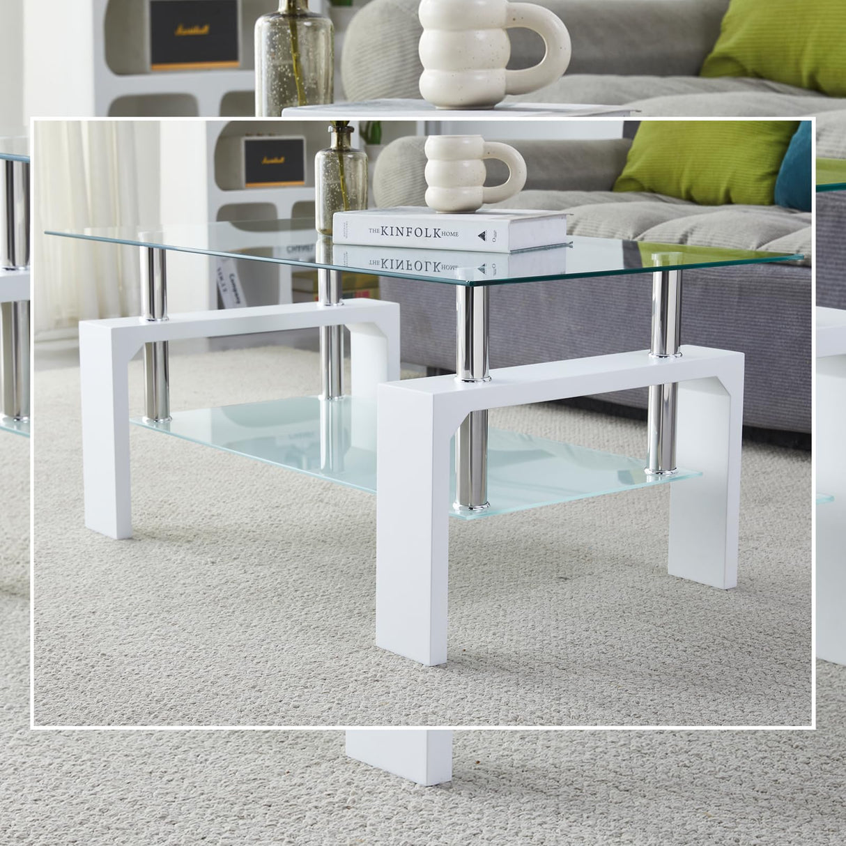 Kebynti Coffee Table - Rectangle Glass Coffee Table with Simple and Classical Inspired Design, Easy Assembly for Modern Living, 39.5 * 23.5 * 17.5 inches (White) Kebynti
