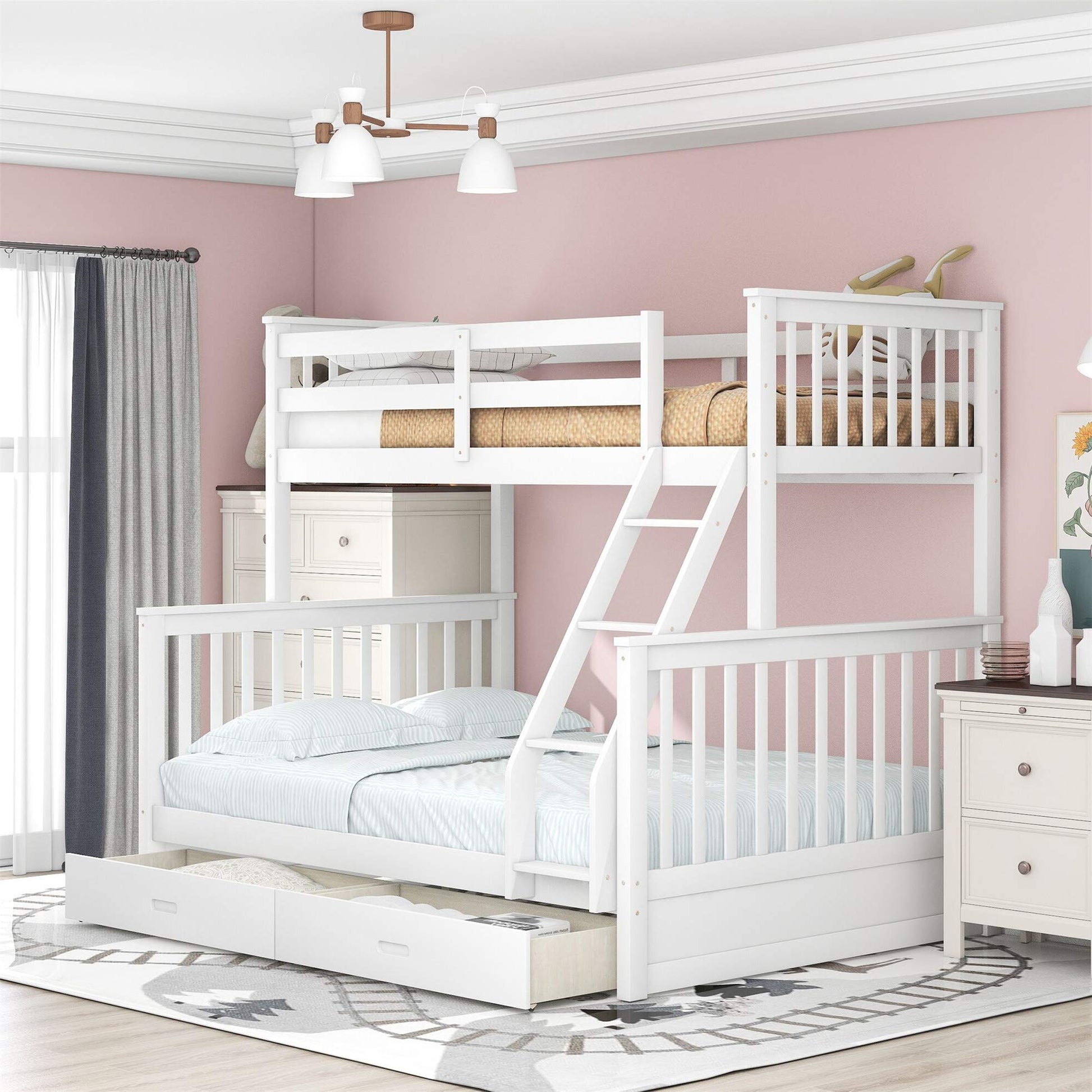 Harper & Bright Designs Twin Over Full Bunk Bed with Storage Drawers in White - WoodArtSupply