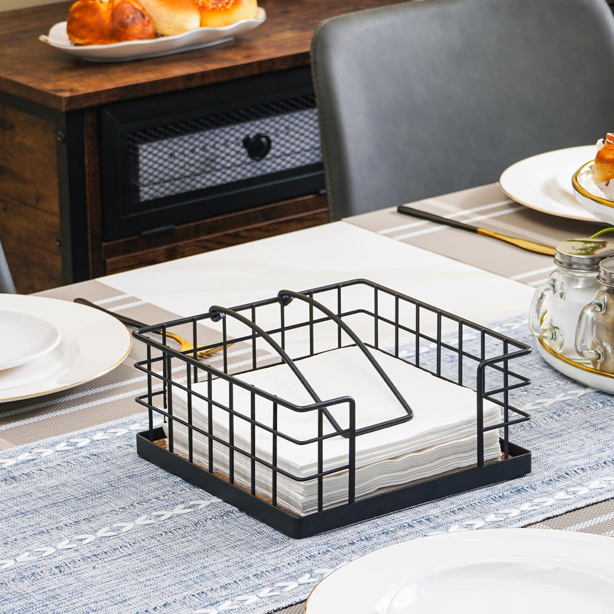 Honiter Napkin Holder for Table, Farmhouse Napkins Holder with Weighted Arm, Wood Napkin Holders for Kitchen, Flat Napkin Dispenser for Countertop, Dining Room, Rustic Brown Honiter