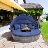 RELAX4LIFE Round Outdoor Daybed with Canopy, Rattan Wicker Sectional Sofa Set w/Cushions, Height Adjustable Table, Conversation Bed Lounger Separated Seating for Outside Pool, Patio Daybed (Navy) RELAX4LIFE