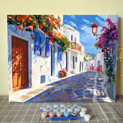 Aihonmin Coastal Cityscape Paint by Numbers Kits for Adult Beginners,Greece Town Paint by Numbers Street Flowers Painting Kits on Canvas with Brushes and Acrylic Pigment Without Framed 16''W x 20''H