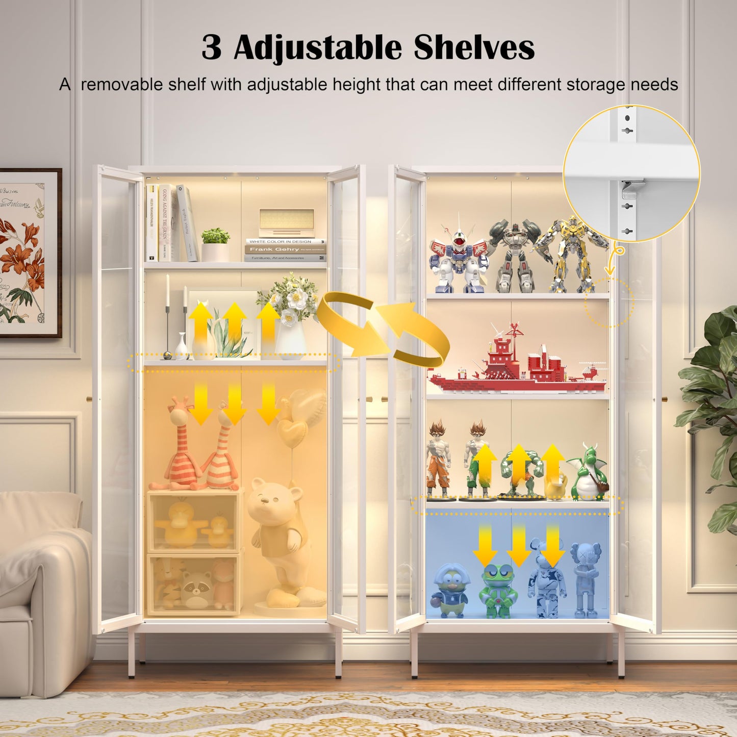 SteeLoong Glass Display Cabinet with 3 Lights,66”Metal White Display Cabinet with Glass Doors and 3 Adjustable Shelves,Curio Display Case for Livingroom