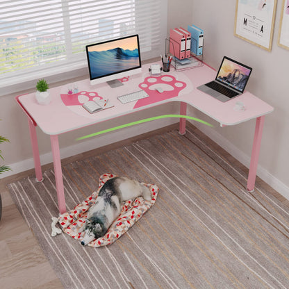 It's_Organized 61 Inch L Shaped Gaming Desk,Space-Saving Corner Desk with Cat Paw Mousepad,Modern PC Computer Study Writing Table for Girl,Easy to Assemble,Pink