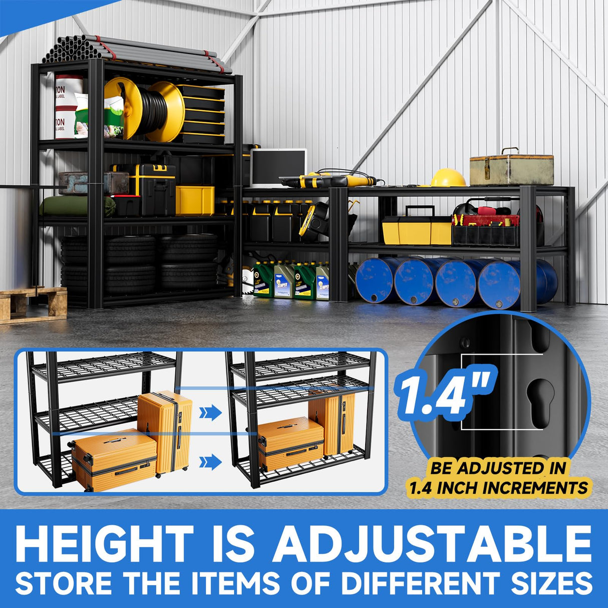 CYNNDA 4-Tier 40" W x 19.7" D x 60" H Garage Shelf Heavy Duty Metal Garage Shelving Load 2200LBS Utility Shelves Industrial Rack Adjustable Shelves for Garages Basement Storage Shelves (Black) CYNNDA