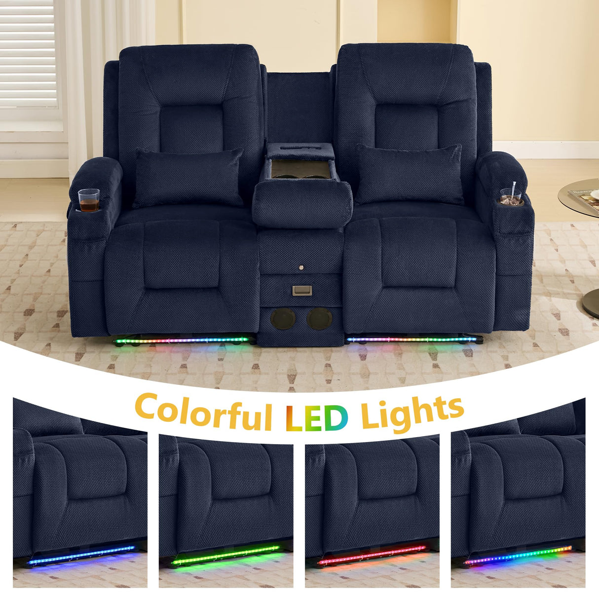 SnyFivv 68.9" Wall Hugger Recliners, Power Loveseat Recliner Sofa with Flip Back Console/Bluetooth Speaker/AC Outlets/LED Lights/Lumbar Pillows for Living Room, Movie Room, RVs, Home Theater (Blue) SnyFivv