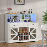 Gyfimoie Farmhouse Wine Bar Cabinet with LED Lights, Kitchen Coffee Bar Cabinet with Acrylic Mirror, Wine & Glass Rack, Storage Shelves and 3 Drawers (Signle Hutch) Gyfimoie