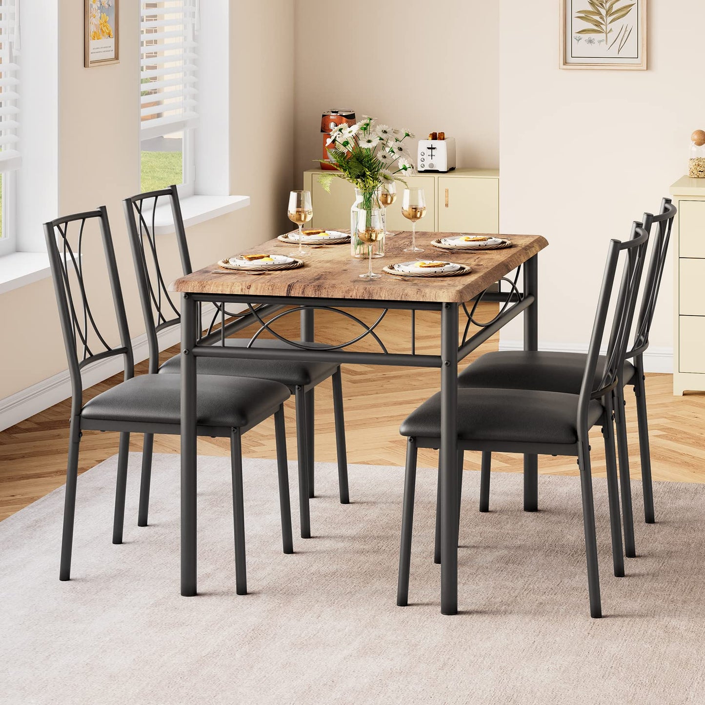 CABIHOME Dining Table Set, 5 Piece Dining Table Set for 4, Rectangle Kitchen Table Set with 4 Upholstered Chairs, Dining Table Set for Small Space, Apartment, Retro Brown - WoodArtSupply