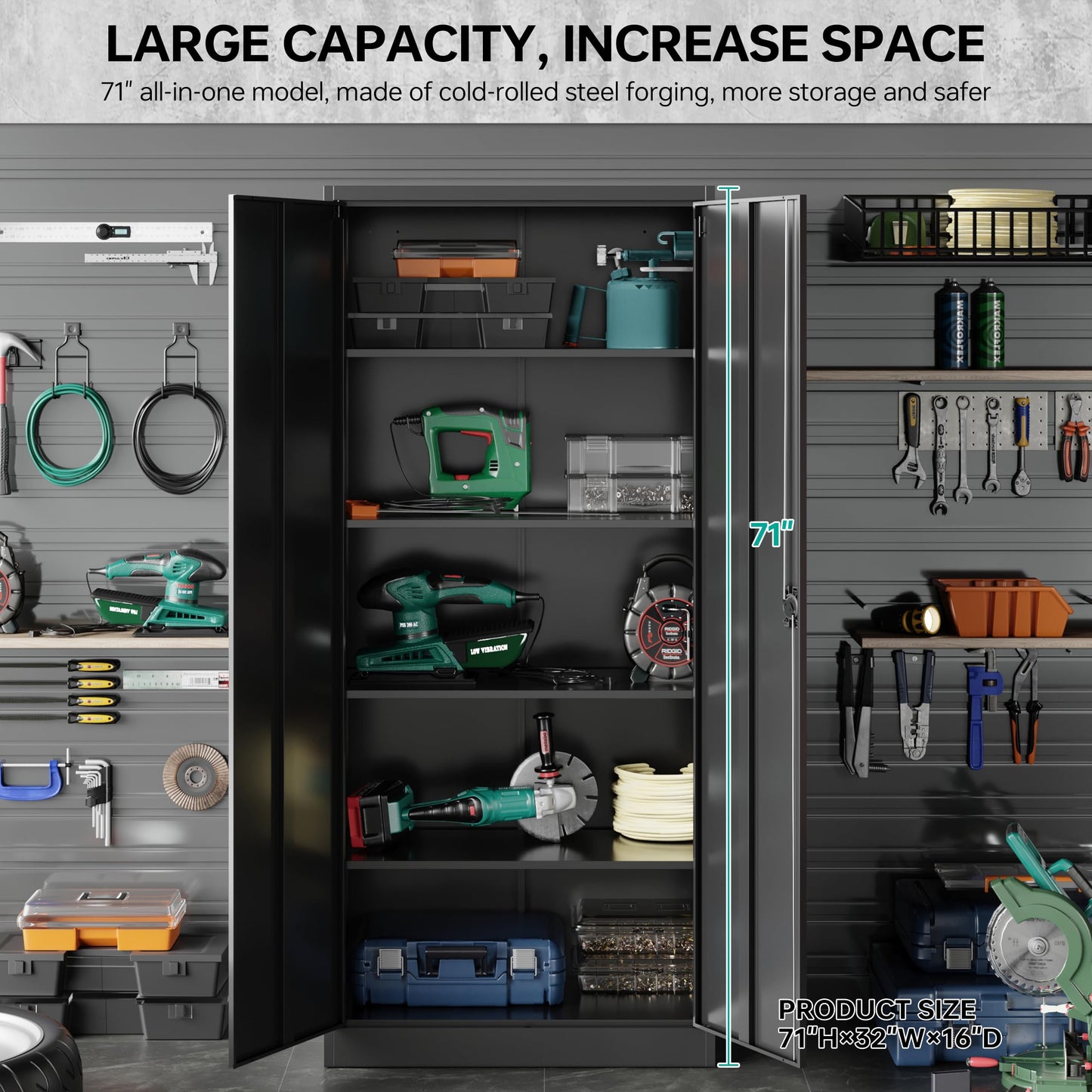 SISESOL Metal Garage Storage Cabinet with 2 Doors and 4 Adjustable Shelves 71" Pantry Cabinet Utility Storage Cabinet Locking Steel Storage Cabinet - WoodArtSupply