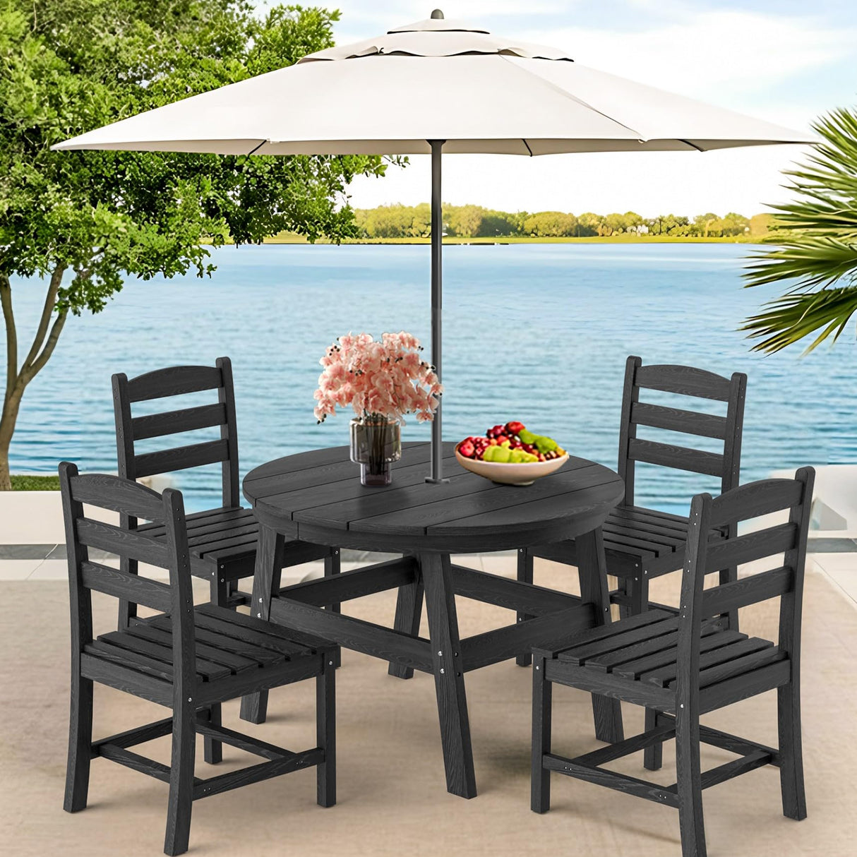 PamapicLife 5 Piece Round Outdoor Dining Set, Relaxing HDPE Outdoor Table and Chairs with 105° Ergonomic Backrest, All-Weather Patio Table and Chairs Set with Umbrella Hole for Porch, Poolside, Black PamapicLife