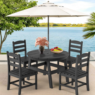 PamapicLife 5 Piece Round Outdoor Dining Set, Relaxing HDPE Outdoor Table and Chairs with 105° Ergonomic Backrest, All-Weather Patio Table and Chairs Set with Umbrella Hole for Porch, Poolside, Black