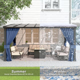 Gotland 10FTx26FT Outdoor Wall-Mounted Hardtop Pergola, Metal Frame Gazebo with Sloping Sun Panel Roof and Double Curtains for Patio, Garden, Lawn, Navy Gotland