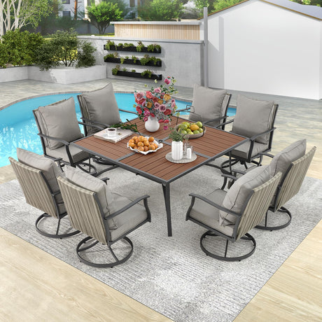 EROMMY 9-Piece Outdoor Dining Set, 8 Swivel Wicker Chairs with Thick Cushions & Wood-Like Dining Table with Umbrella Hole, Patio Furniture Set for Porch, Garden, Backyard, Poolside, Deck, Grey EROMMY