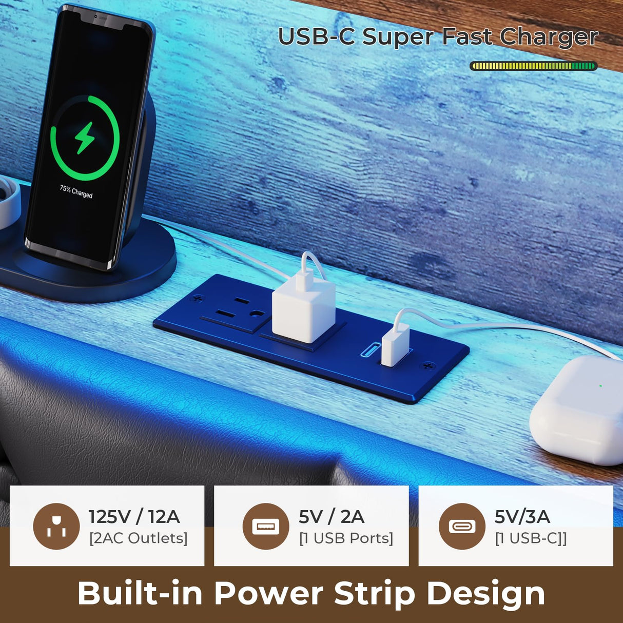 ADORNEVE Queen Bed Frame with LED Headboard, Hydraulic Lift Storage, and Built-in Charging Station in PU Black ADORNEVE