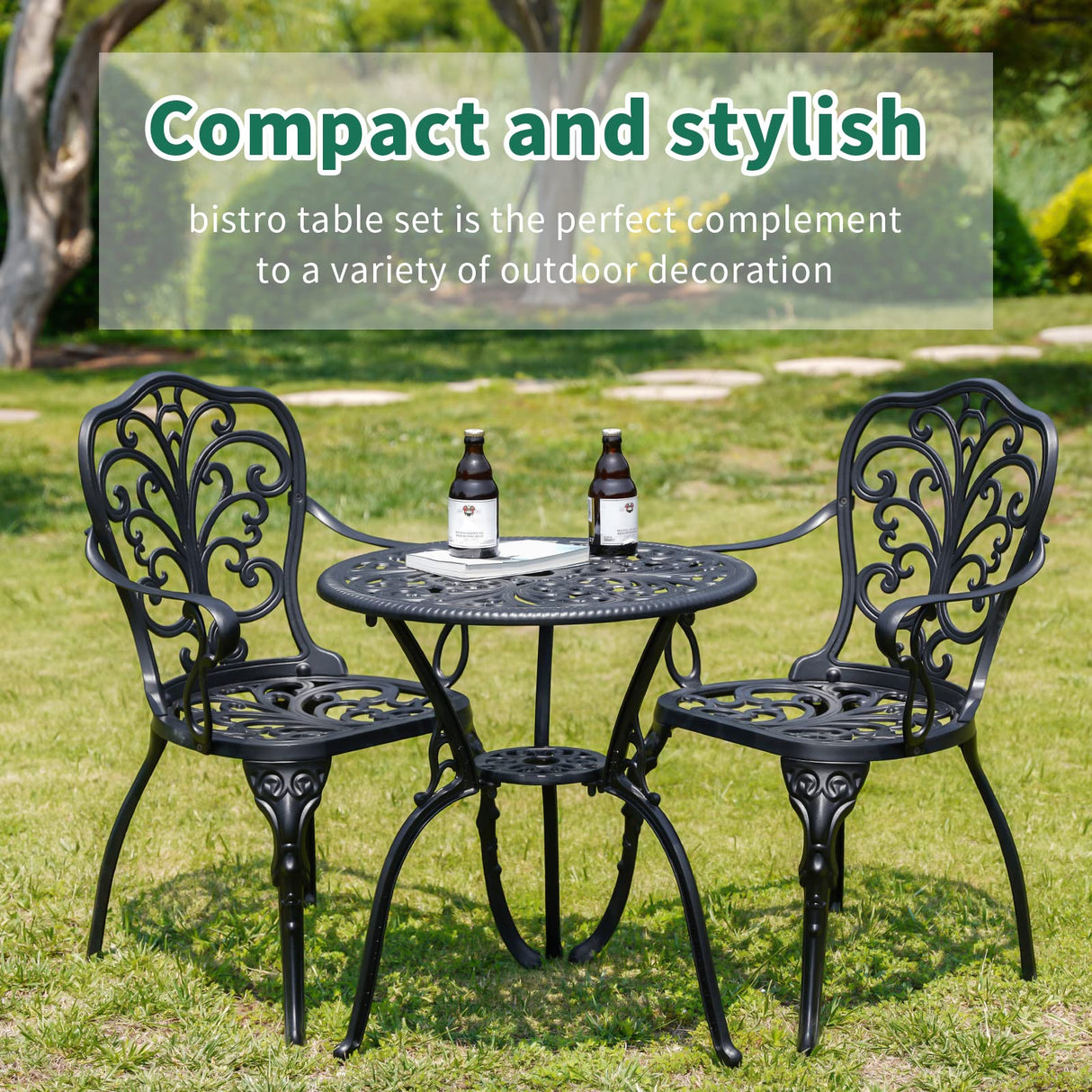 Withniture 3 Piece Patio Bistro Set Cast Aluminum Bistro Table and Chairs Set of 2 with Umbrella Hole,All Weather Metal Bistro Table Set,Outdoor Patio Furniture Set for Garden(Butterfly Black) Withniture