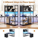 SEDETA L Shaped Computer Desk, 58'' Office Desk with 3 Drawers and Bookshelf, L Shaped Corner Desk with Storage Shelves and LED Light for Home Office, Gaming Desk, L Desk, Black SEDETA
