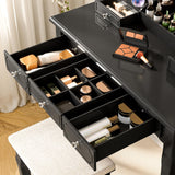 SAYMA Vanity Desk with LED Light and Mirrors, Makeup Table Set with 5 Sliding Drawers & 2 Shelves, 3 Color Lighting Modes and Soft Cushioned Stool for Bedroom, Bathroom (Black) SAYMA