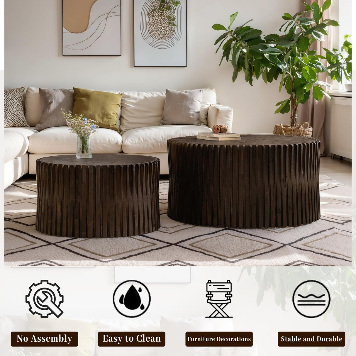 KIGFTSOD Vintage Modern Nesting Coffee Table Set of 2, Round Wooden Table Accent End Table Cylindrical Set with Vertical Textured Embossed Design for Living Room, Apartment (Dark Brown) KIGFTSOD