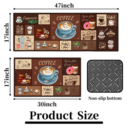 SHUNLCD Coffee Kitchen Decor Rug 2 Piece Set, Country Farmhouse Style Kitchen Floor Mat, Absorbent and Washable Runner Decorations Rug 17×30+17×47 Inches