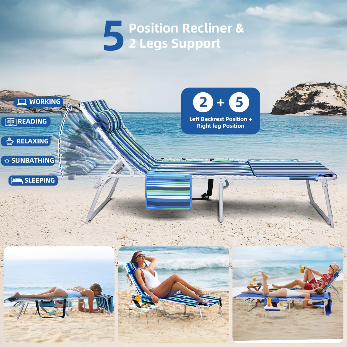 3-in-1 Beach Chair Face Holes, Lounge Chair Outdoor with Folding Side Table, 5-Position Recliner, Lay Flat, Removable Pillow, Heavy Duty, Max 330lbs, Poolside, Patio, Camping, Backyard Striped Blue Yestomo