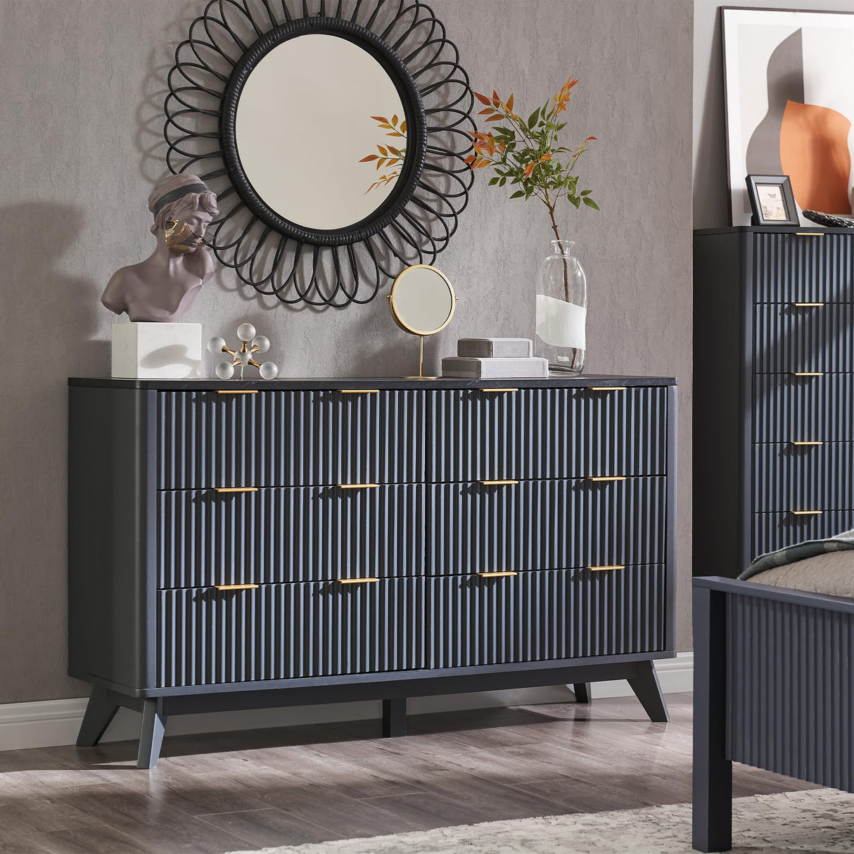 T4TREAM Fluted 6 Drawers Dresser, 54" Wide Modern Chest of Drawers with Faux Marble Top, Curved Profile Design, Dresser TV Stand, Wood Drawer Organizer for Bedroom, Living Room, Hallway, Dark Grey T4TREAM