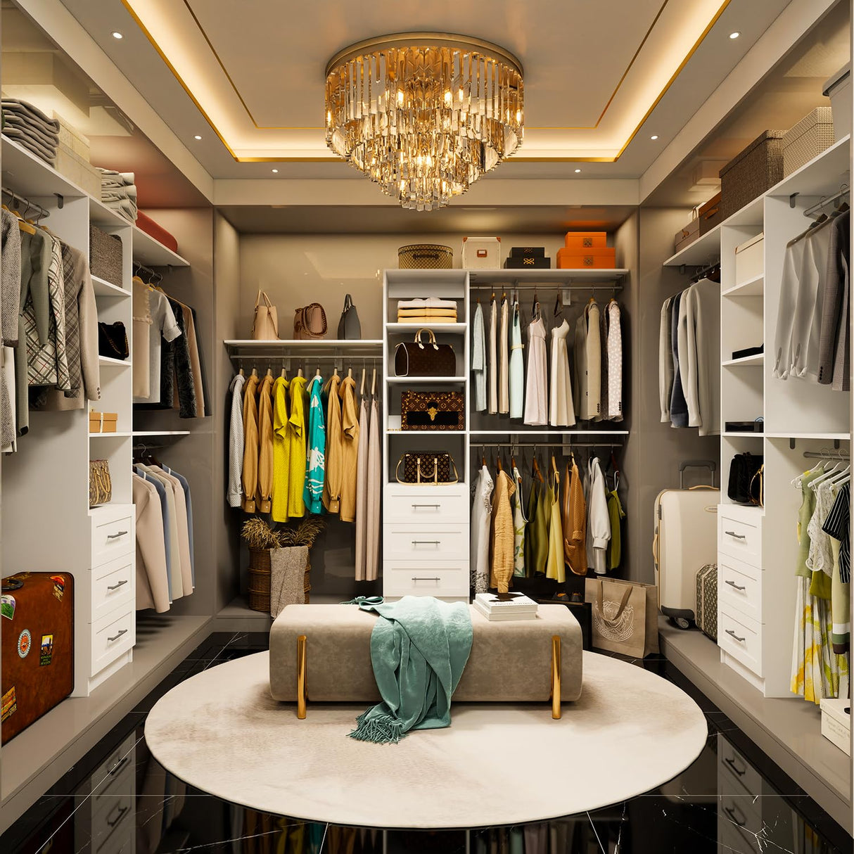 Stilar Closet System with Drawers, 5FT-8FT Closet Organizer System with Shelves & Expandable Hanging Rods, 96" Walk in Storage Closet System Wood, White Stilar