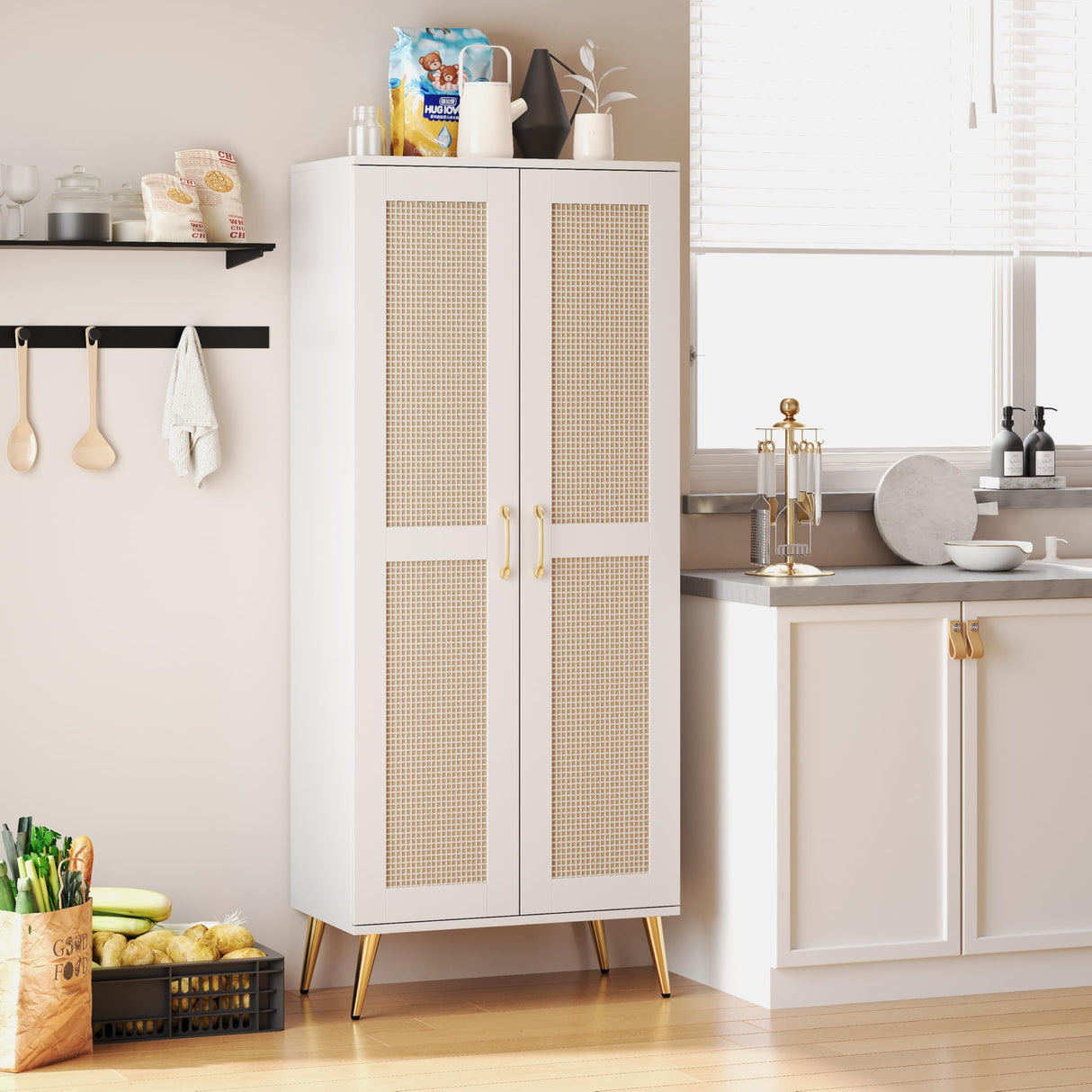 JASIWAY 57" Tall Storage Cabinet with 2 Rattan Doors, Wooden Floor Cabinet with Adjustable Shelves for Bathroom/Kitchen/Living Room, Freestanding Pantry, Metal Handle, Anti-Tipping Device, White JASIWAY