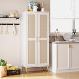 JASIWAY 57" Tall Storage Cabinet with 2 Rattan Doors, Wooden Floor Cabinet with Adjustable Shelves for Bathroom/Kitchen/Living Room, Freestanding Pantry, Metal Handle, Anti-Tipping Device, White JASIWAY