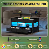 WLIVE Coffee Table, Lift Top Coffee Table with 2 Drawers, LED Light, Large Storage and Open Shelf, Lift Tabletop for Living Room, Black, Black WLIVE